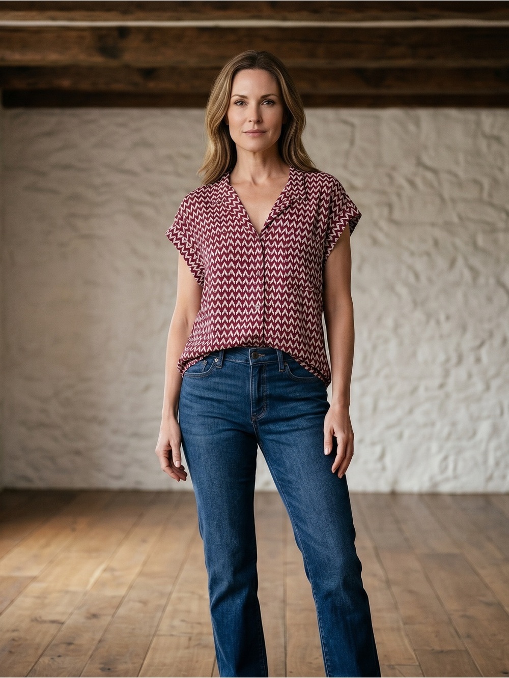 JACHS Girlfriend Burgundy & White Zigzag V-Neck Top with Dolman Sleeves